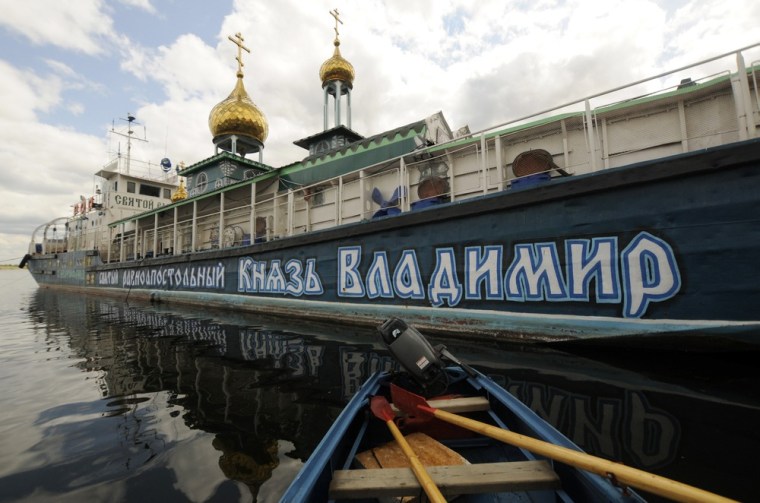 Image: Saint Vladimir floating Orthodox Christian temple is seen tied up at a mooring on the Volga river in the southern city of Volgograd